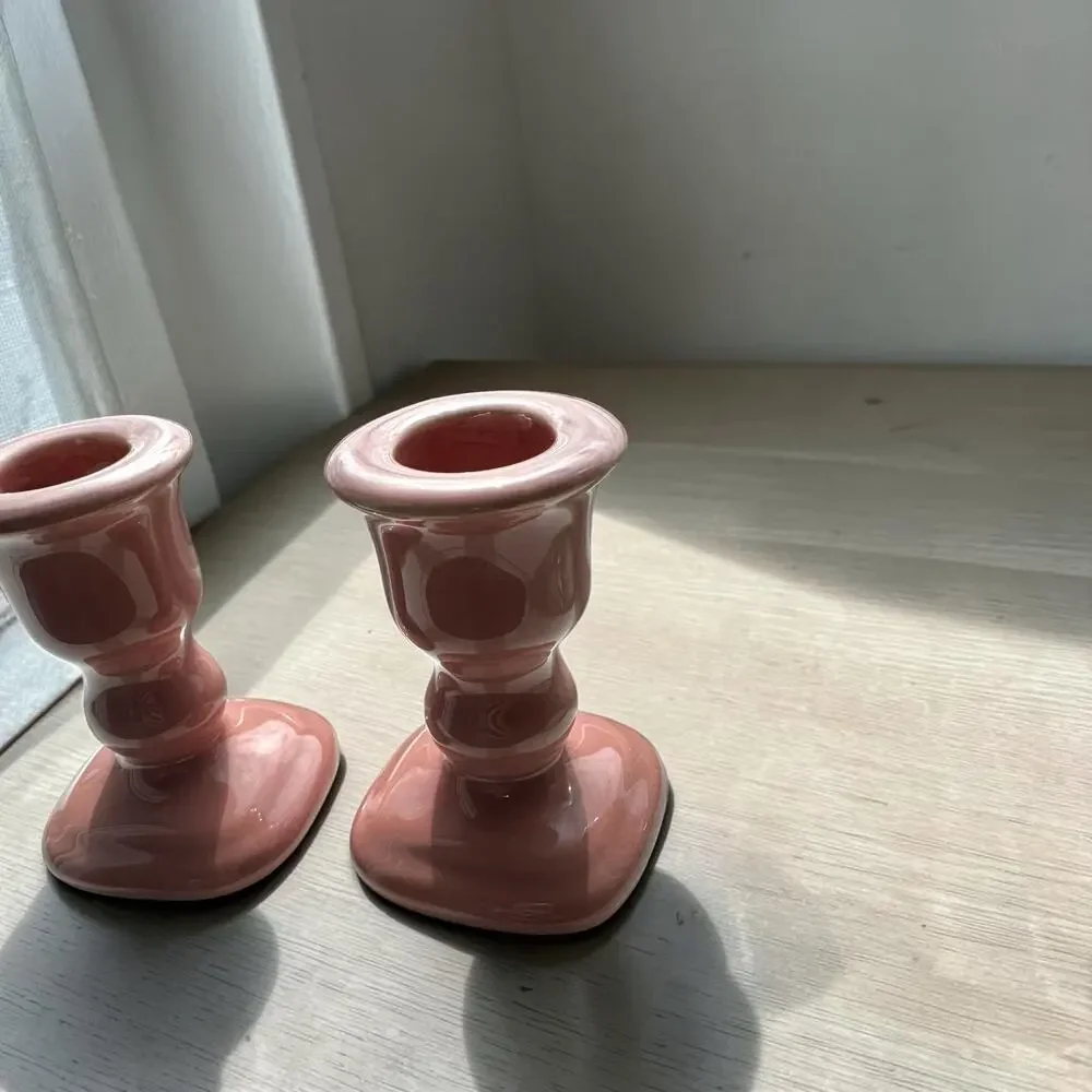 Vintage 1980s Dusty Rose Mauve Ceramic Taper Candlestick Holder Small 3.5”